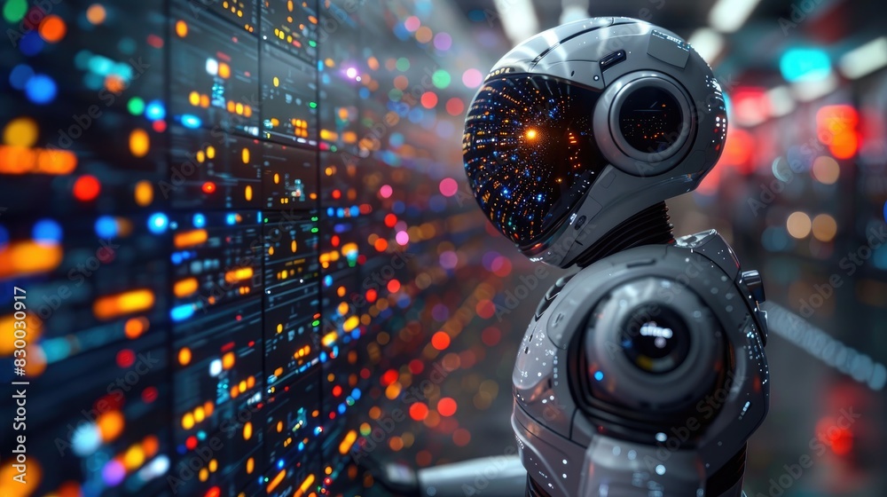 Futuristic robot analyzing data on a digital screen in a high-tech environment. Artificial intelligence and advanced technology concept. Futuristic robot analyzing data on a digital screen in a high-tech environment. Artificial intelligence and advanced technology concept.