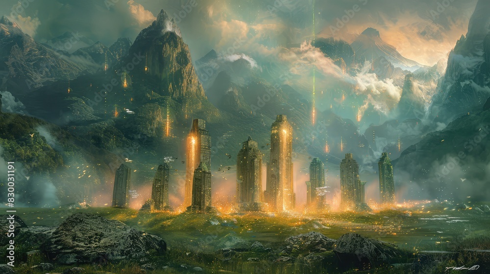 A photo of a mystic temple with ancient runes, a misty valley with glowing crystals and floating spirits in the background