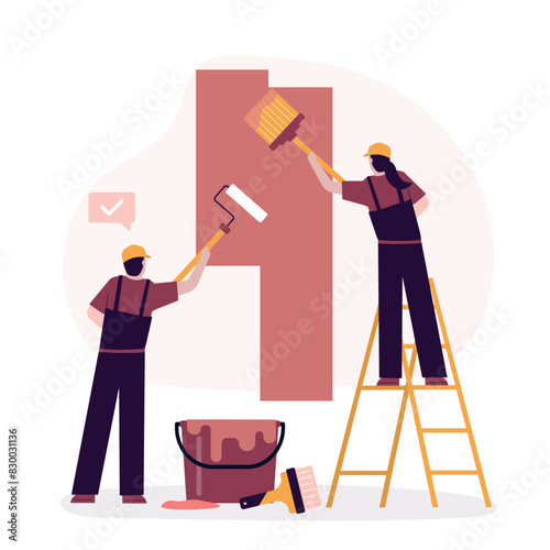 Painters dyeing wall with paint roller and brush tool. Team of workers painting building with paintbrush. Repairman working and coloring brick wall. Home renovation.