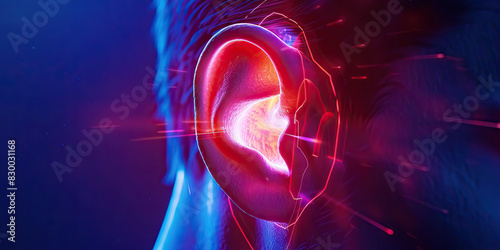 Earache Agony the sharp shooting pain of ear discomfort.  A close-up of a person's red and swollen ear