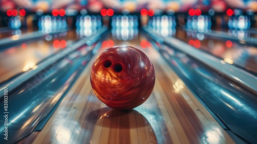 Purple bowling ball on the lane with blurred background of pins.