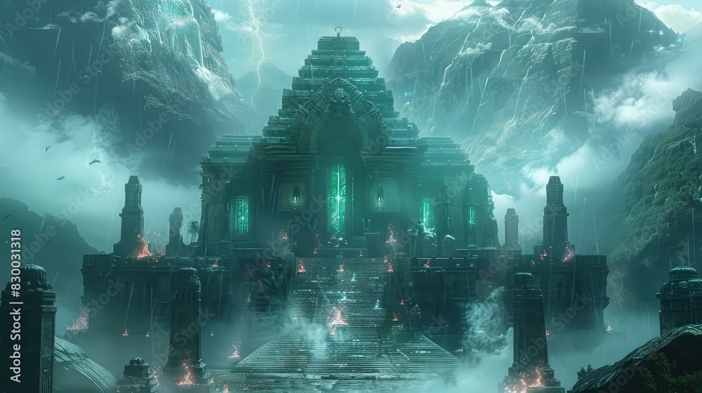 A photo of a mystic temple with ancient runes, a misty valley with glowing crystals and floating spirits in the background