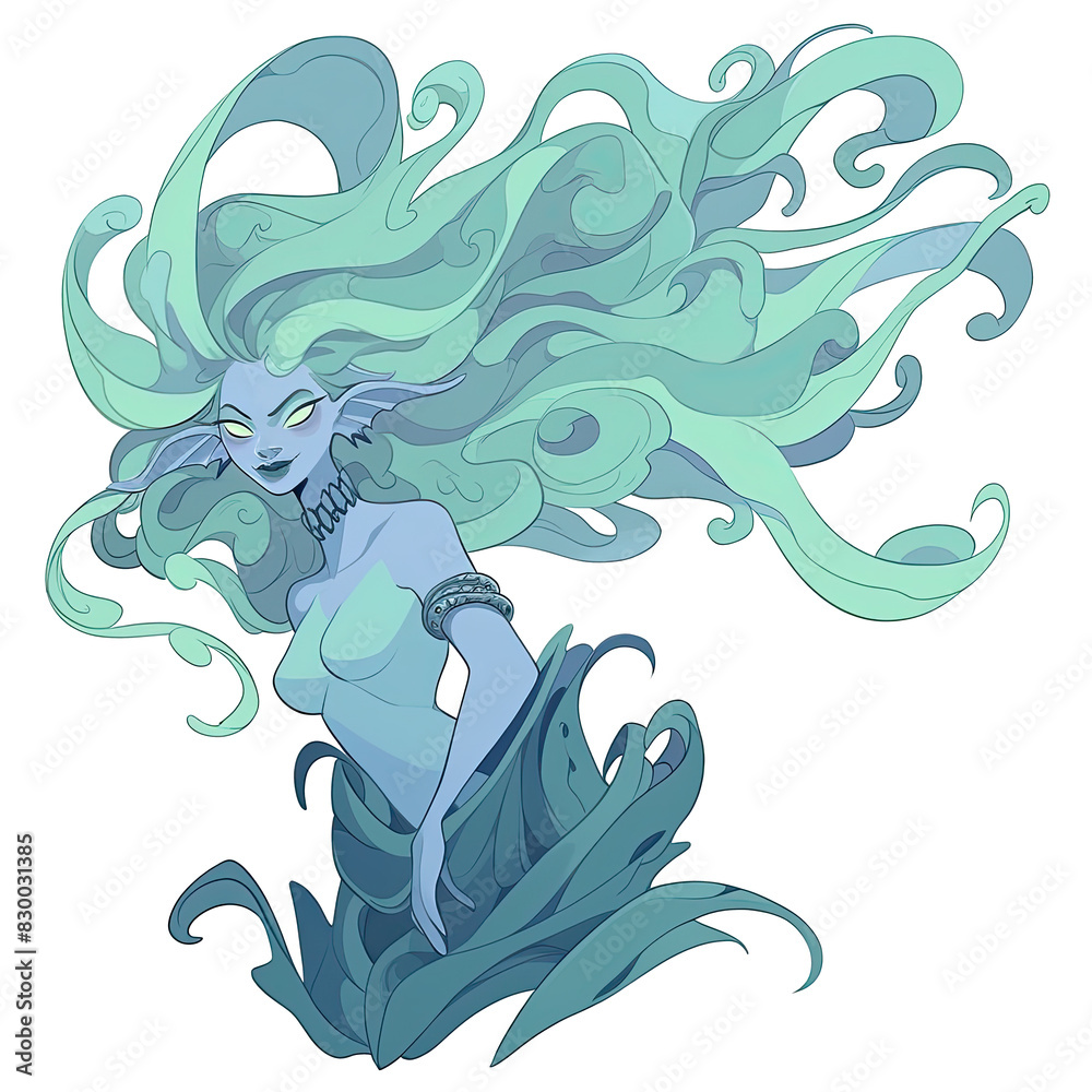 An illustration of an undine with long aqua-colored hair