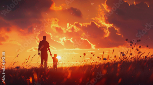 Father And Child Enjoying Their Time At Sunset Evening, Happy Father's Day