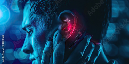 Earache Agony the sharp shooting pain of ear discomfort. A close-up of a person's red and swollen ear