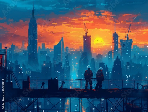 Construction workers at sunset, cranes in NYC city