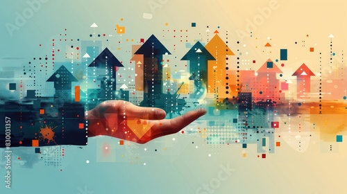 Hand presenting digital arrows representing business growth and success innovation. Abstract visual for technology advancement and data analytics.