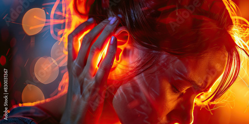 Earache Agony the sharp shooting pain of ear discomfort. A close-up of a person's red and swollen ear