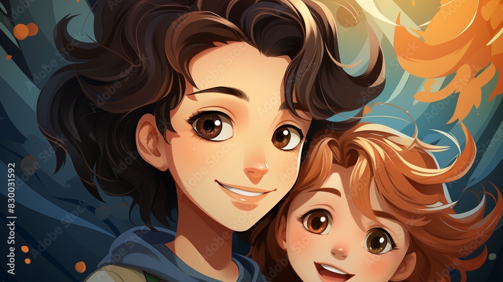 Illustration of Two Happy Characters Smiling Together in a Colorful Scene Illustration of Two Happy Characters Smiling Together in a Colorful Scene