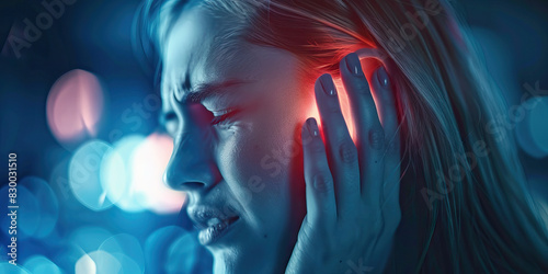 Earache Agony the sharp shooting pain of ear discomfort. A close-up of a person's red and swollen ear