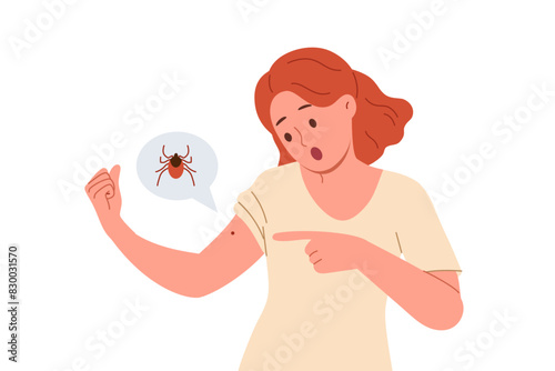 Infectious tick bitten woman hand and is sucking blood, risking infecting with dangerous disease or infection. Deer tick bite spreading illnesses and threatening life of shocked girl