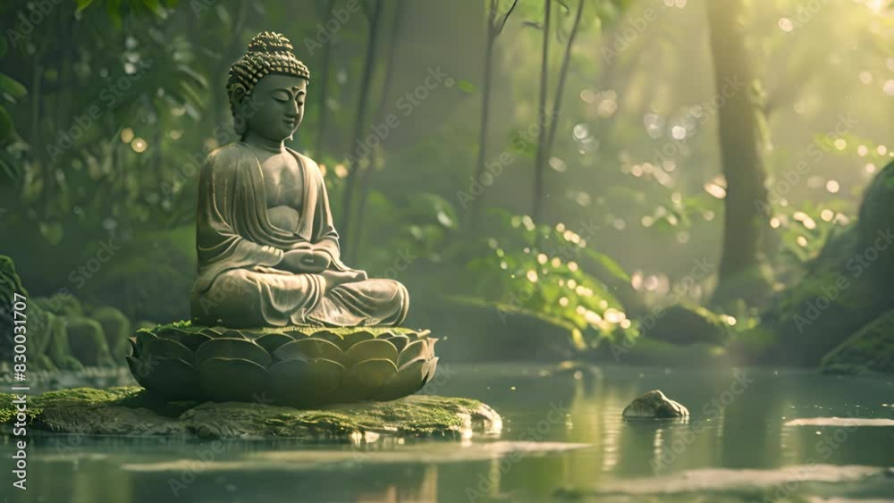 A Buddha statue is positioned in the middle of a calm pond.