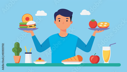 A man enjoying a balanced meal with a variety of foods rejecting the strict and restrictive diets often promoted by toxic fitness culture.. Vector illustration