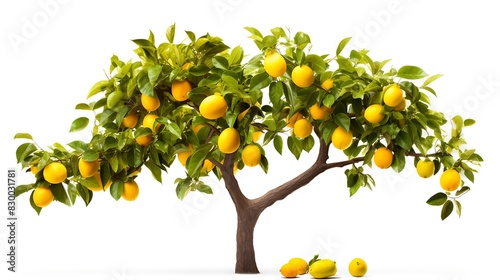 A single lemon tree adorned with yellow fruits on a pure white background. photo
