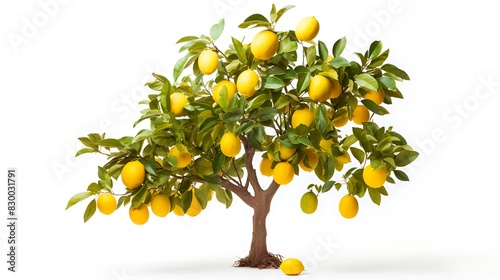 A single lemon tree adorned with yellow fruits on a pure white background. photo