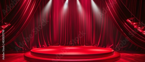 Red stage with spotlights and red curtains.