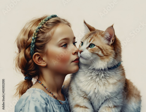 Portrait of a little girl with a cat. watercolor sketch photo