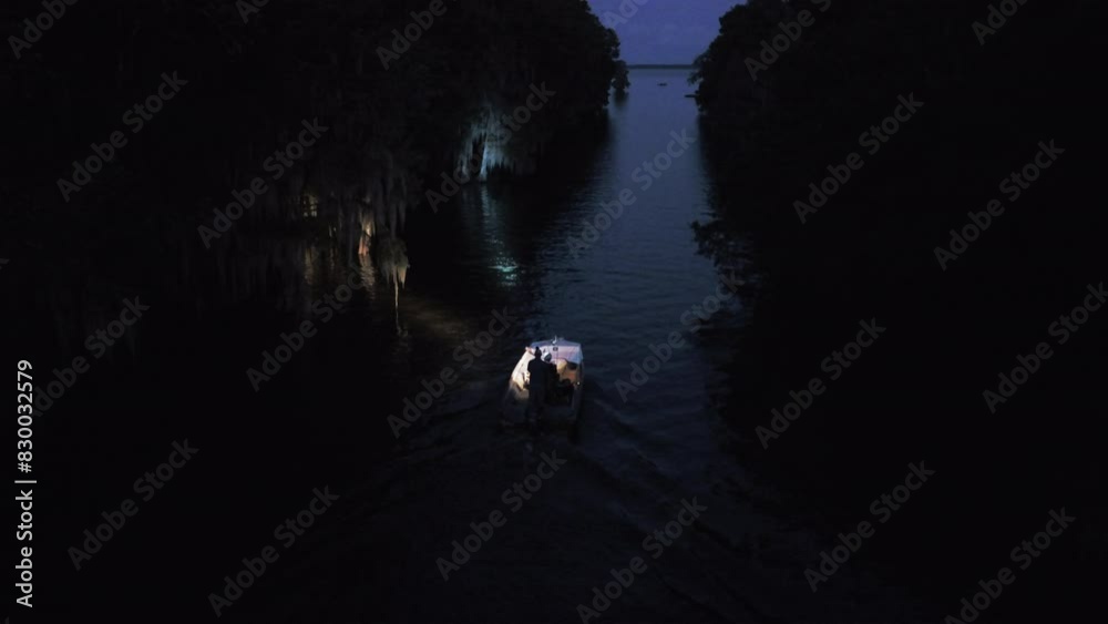 Aerial: Drone Forward Tilt Up Shot Of Illuminated Motorboat Moving In Bayou In Tranquil Forest At Night - Bayou Vista, Texas Aerial: Drone Forward Tilt Up Shot Of Illuminated Motorboat Moving In Bayou In Tranquil Forest At Night - Bayou Vista, Texas