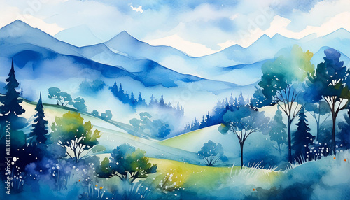 Abstract watercolor painting of natural landscape in blue colors. Peaceful nature. Hand drawn art.