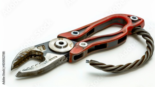 Detailed view of a cable cutter, isolated on a white background