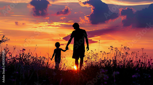Father And Child Enjoying Their Time At Sunset Evening, Happy Father's Day