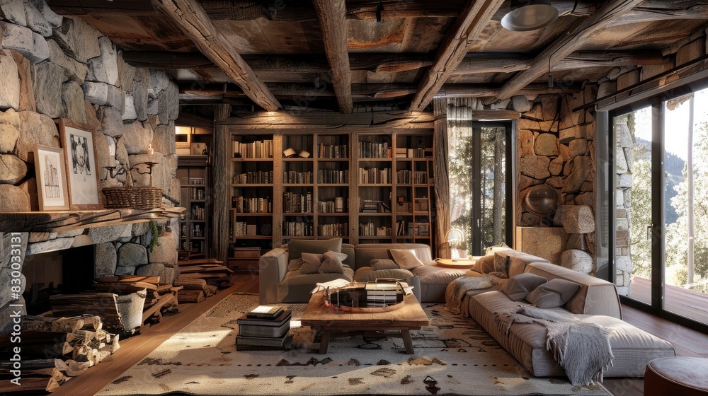 Rustic style living room with lots of robust wooden furniture. Interior. Generative AI Rustic style living room with lots of robust wooden furniture. Interior. Generative AI