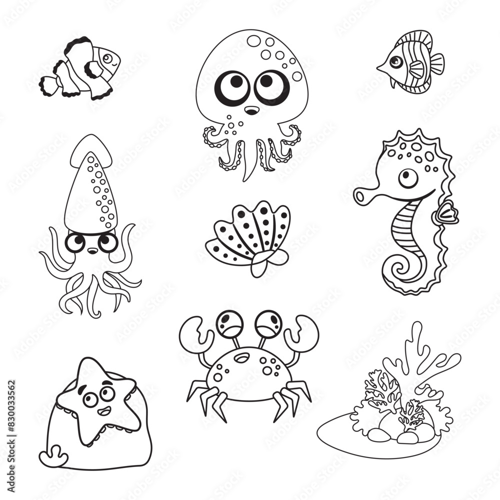 Obraz premium Set of marine animals highlighted on white. Octopus, fish, squid and crab, seahorse and starfish. illustration in the style of a cartoon. black and white image