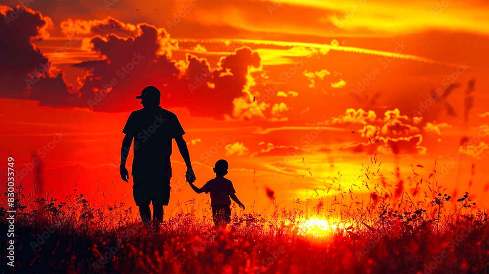 Fototapeta premium Father And Child Enjoying Their Time At Sunset Evening, Happy Father's Day
