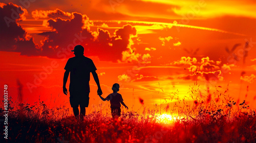 Father And Child Enjoying Their Time At Sunset Evening, Happy Father's Day