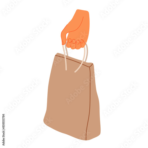 Human hand hold bag of groceries. Takeaway food bag. Food package Delivery service. Doodle Hand drawn illustration on white background. Paper packet. Doodle style. Sale. Paper shopping bag in hand.