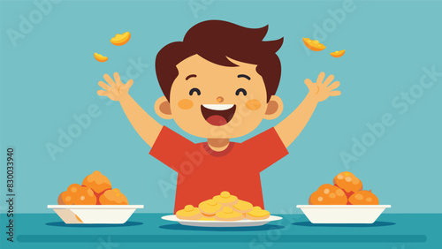 A young boy grins triumphantly as he piles his plate high with tater tots and chicken nuggets.. Vector illustration