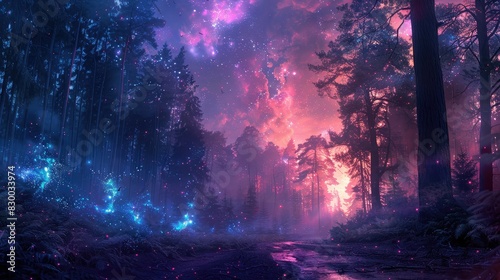 A photo of a mystical forest with bioluminescent trees, a twilight sky with auroras and ethereal mists in the background #830033974