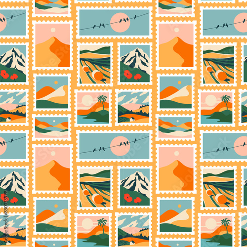 Retro nature landscape post card stamp seamless pattern. Vintage style natural environment scenery postage sticker background, travel destination mail, beautiful tourism scenery wallpaper print. 