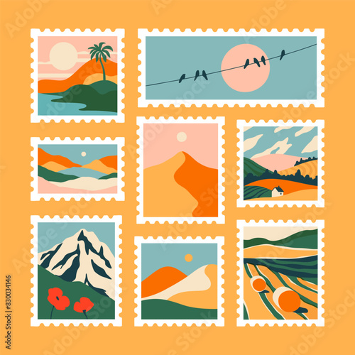 Set of retro nature landscape post card stamp. Vintage style natural environment scenery postage sticker collection, travel destination mail, beautiful tourism scenery. Includes mountain, beach view.