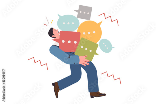 Overworked male analyst holding received feedback and customer reviews in form of speech bubbles