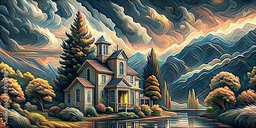 Surreal illustrated landscape featuring a lone house embraced by a vibrant forest with towering mountains under a dynamic, swirling sky photo