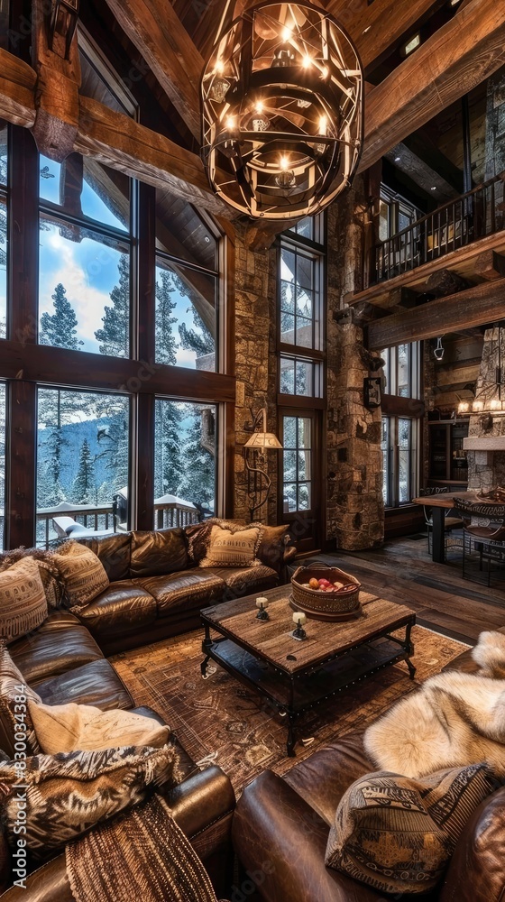Rustic style living room with lots of robust wooden furniture. Interior. Generative AI Rustic style living room with lots of robust wooden furniture. Interior. Generative AI