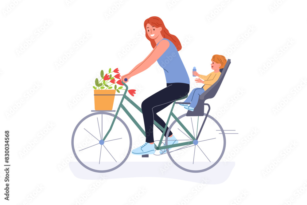 Mother rides bicycle with little son and enjoys opportunity for summer recreation in fresh air. Bicycle with place for baby behind driver, for young mothers leading active lifestyle Mother rides bicycle with little son and enjoys opportunity for summer recreation in fresh air. Bicycle with place for baby behind driver, for young mothers leading active lifestyle
