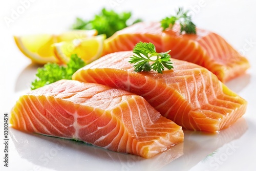 Raw Salmon on White Plate With Lemons and Parsley. Generative AI