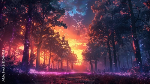 A photo of a mystical forest with bioluminescent trees  a twilight sky with auroras and ethereal mists in the background