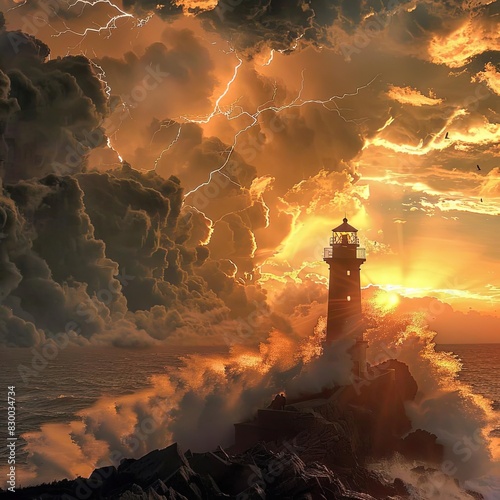 Dramatic sunset over a lighthouse with crashing waves and lightning in the sky, reflecting the power and beauty of nature.