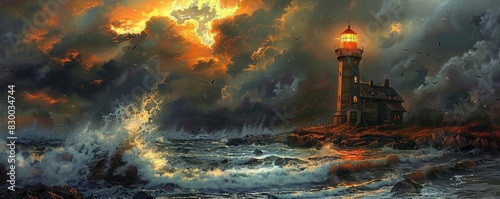 Dramatic stormy seascape with a lighthouse illuminated under a turbulent sky. Powerful waves crashing against rocky shoreline at dusk.
