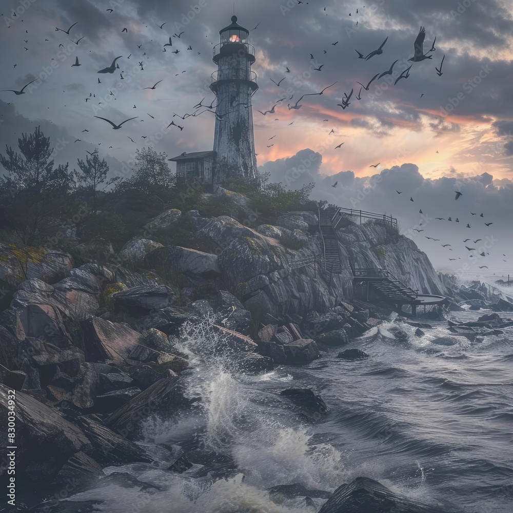 Dramatic Lighthouse by the Sea: Birds in flight, waves crashing on rocks, intense clouds at sunset. Captures rugged coastal beauty and nature's power.
