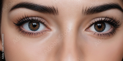 Woman's captivating eyes with dark eyebrows, making direct eye contact, conveying confidence and allure