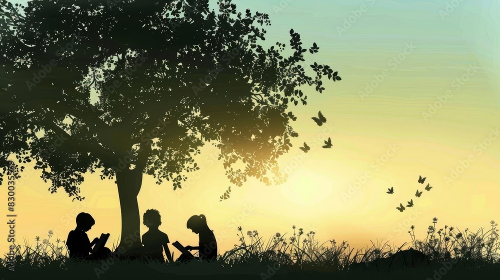 Kids reading books under a tree, education, copy space, knowledge, realistic, silhouette, library Kids reading books under a tree, education, copy space, knowledge, realistic, silhouette, library
