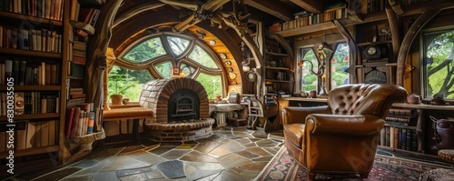Cozy  rustic home library with wooden beams  large arched window  bookshelves  and leather armchair  creating a warm  inviting reading space.