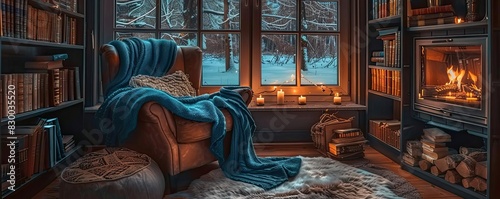 Cozy reading nook with armchair, blanket, bookshelves, and fireplace. Snowy winter scene viewed through the window.