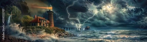 Dramatic lighthouse scene during a powerful storm with lightning striking the ocean and dark, ominous clouds overhead.