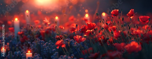 field of red poppies with candles in the background, sunset, depth of field blur effect, volumetric lighting, highly detailed, hyper realistic style, cinematic style