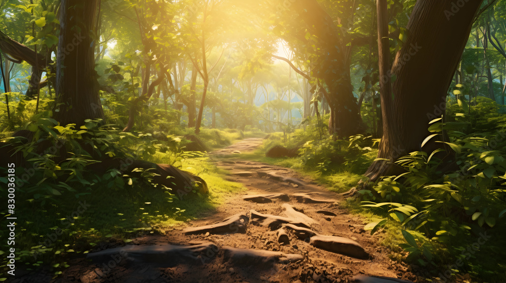 A forest with a path and the sun shining through the trees, Sunlit ...